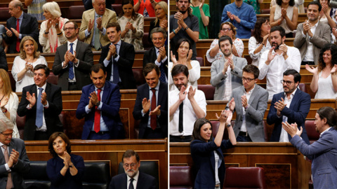 Combinación de fotos de los diputados de Unidos Podemos y del PP aplaudiendo a sus líderes. REUTERS Combinación de fotos de los diputados de Unidos Podemos y del PP aplaudiendo a sus líderes. REUTERS