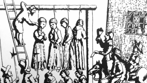 Brujas ahorcadas en un grabado de la época de la persecución. Brujas ahorcadas en un grabado de la época de la persecución.