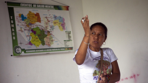 La indígena awa Claudia Jimena Pai, de la organización UNIPA. Es una de las muchas líderesas sociales amenazadas en Colombia. JAVIER SULÉ. La indígena awa Claudia Jimena Pai, de la organización UNIPA. Es una de las muchas líderesas sociales amenazadas en Colombia. JAVIER SULÉ.