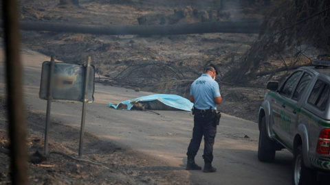Un miembro de la Guardia Nacional republicana observa a una de las víctimas mortales del incendio, cerca de Pedrogao Grande. | RAFAEL MARCHANTE (REUTERS)