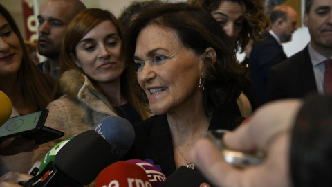La vicepresidenta primera del Gobierno, ministra de la Presidencia, Relaciones con las Cortes y Memoria Democrática, Carmen Calvo, interviene ante los medios - EUSEBIO GARCÍA DEL CASTILLO . - EUROPA PRESS