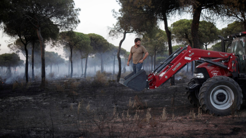 Un hombre se monta en un tractor mientras ayuda a apagar el incendio forestal cerca del Parque Nacional de Donaña en Mazagón. REUTERS/Jon Nazca Un hombre se monta en un tractor mientras ayuda a apagar el incendio forestal cerca del Parque Nacional de Donaña en Mazagón. REUTERS/Jon Nazca