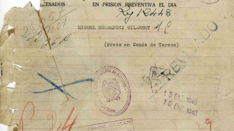 Primera página del consejo de guerra a Miguel Hernández. Primera página del consejo de guerra a Miguel Hernández.