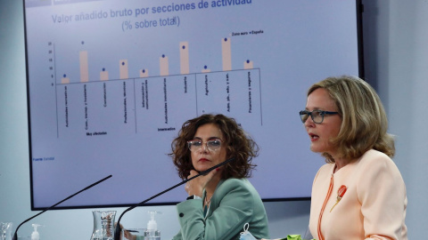 06/10/2020.- La portavoz del Gobierno y ministra de Hacienda, María Jesús Montero (i), junto a la vicepresidenta tercera del Ejecutivo y ministra de Asuntos Económicos y Transformación Digital, Nadia Calviño (d) durante la rueda de prensa posterior a