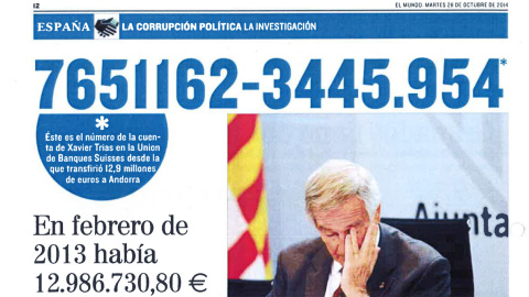 Apertura de 'El Mundo' titulada con el falso número de cuenta suiza que atribuyen a Xavier Trias. Apertura de 'El Mundo' titulada con el falso número de cuenta suiza que atribuyen a Xavier Trias.