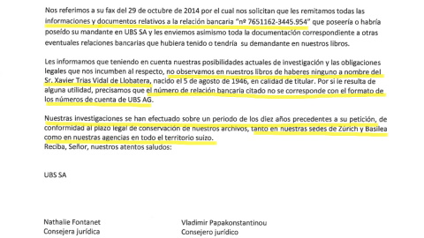 Extracto del certificado de la Unión de Bancas Suizas desmintiendo la cuenta de Trias y explicando que el número publicado ni siquiera corresponde al formato que ellos emplean. Extracto del certificado de la Unión de Bancas Suizas desmintiendo la cuenta de Trias y explicando que el número publicado ni siquiera corresponde al formato que ellos emplean.