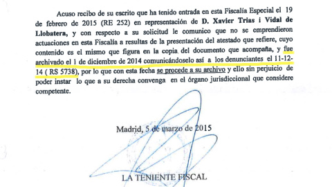 Fragmento del certificado de Anticorrupción sobre el archivo de la causa contra Trias. Fragmento del certificado de Anticorrupción sobre el archivo de la causa contra Trias.