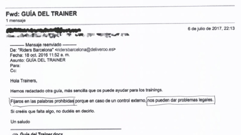 Correo de Deliveroo a sus formadores donde les invita a evitar una serie de palabras prohibidas Correo de Deliveroo a sus formadores donde les invita a evitar una serie de palabras prohibidas