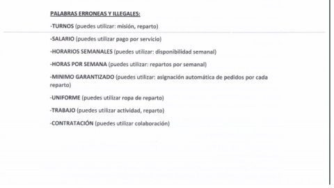 Pantallazo de la Guía para los formadores de Deliveroo donde se muestra una serie de palabras prohibidas. Pantallazo de la Guía para los formadores de Deliveroo donde se muestra una serie de palabras prohibidas.