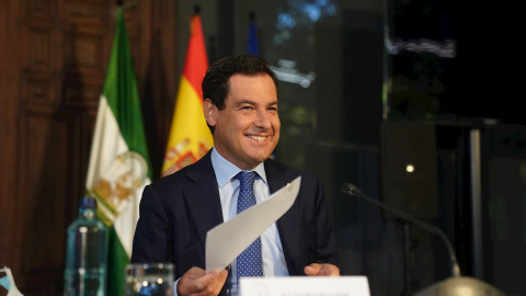 El presidente de la Junta, Juanma Moreno, durante su intervención en el pleno del Comité de las Regiones en el debate del Pacto Verde, este martes en Sevilla. / EFE -JUNTA DE ANDALUCÍA El presidente de la Junta, Juanma Moreno, durante su intervención en el pleno del Comité de las Regiones en el debate del Pacto Verde, este martes en Sevilla. / EFE -JUNTA DE ANDALUCÍA