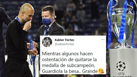 El entrenador del Manchester City, Pep Guardiola, besa la medalla en la final de Champions League ante el Chelsea en Oporto. / Pierre-Philippe Marcou (EFE)
