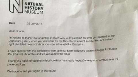 Carta del Museo de Historia Natural de Londres al pequeño Charlie. BBC