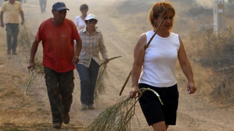 Los vecinos de la localidad de Bermillo de Alba, en Zamora, han sido desalojados y evacuados a Muelas del Pan ante la próximidad de las llamas del incendio de nivel 2 que se declaró en Pino del Oro (Zamora) EFE/Mariam A. Montesinos