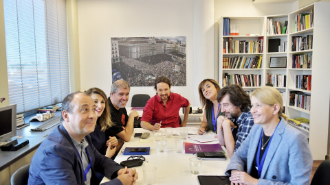 Reunión de trabajo de Pablo Iglesias, Yolanda Díaz y Rafael Mayoral con UGT y CCOO de octubre de 2019.