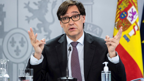 El ministro de Sanidad, Salvador Illa, ofrece una rueda de prensa tras la reunión del Consejo Interterritorial del Sistema Nacional de Salud que se celebra de forma telemática, en Madrid, este miércoles. El ministro de Sanidad, Salvador Illa, ofrece una rueda de prensa tras la reunión del Consejo Interterritorial del Sistema Nacional de Salud que se celebra de forma telemática, en Madrid, este miércoles.