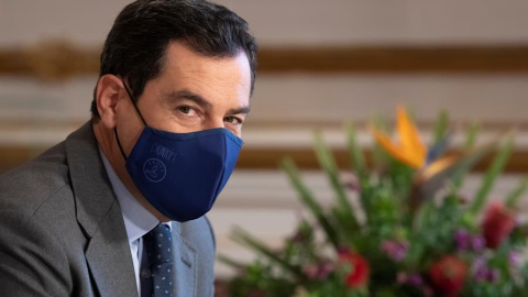 El presidente de la Junta de Andalucía, Juanma Moreno durante la rueda de prensa de este viernes. El presidente de la Junta de Andalucía, Juanma Moreno durante la rueda de prensa de este viernes.