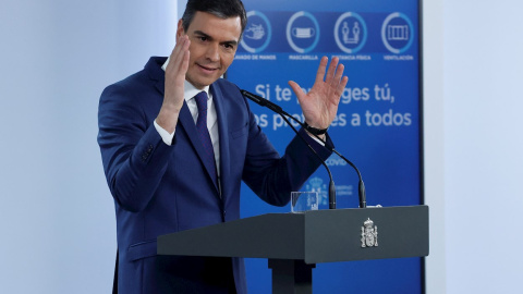 El presidente del Gobierno, Pedro Sánchez, en rueda de prensa tras la reunión del Consejo de Ministros, en el Palacio de la Moncloa. EFE/ Zipi El presidente del Gobierno, Pedro Sánchez, en rueda de prensa tras la reunión del Consejo de Ministros, en el Palacio de la Moncloa. EFE/ Zipi
