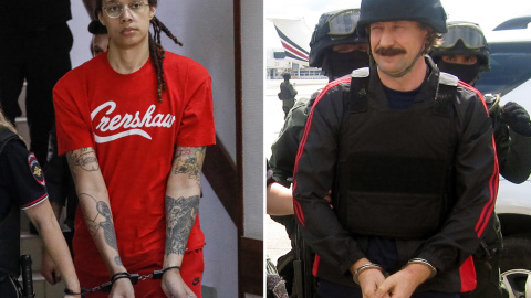 A la izquierda, la jugadora de baloncesto estadounidense Brittney Griner, en una sala del tribunal para una audiencia, en la ciudad de Khimki, Rusia; y a la derecha, el traficante de armas ruso Viktor Bout esposado y escoltado por fuerzas especiales taila A la izquierda, la jugadora de baloncesto estadounidense Brittney Griner, en una sala del tribunal para una audiencia, en la ciudad de Khimki, Rusia; y a la derecha, el traficante de armas ruso Viktor Bout esposado y escoltado por fuerzas especiales taila