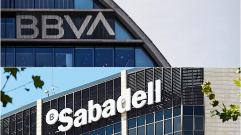 Los logos de BBVA y de Banco Sabadell, en sus respectivas sedes de Madrid y de Barcelona. EFE Los logos de BBVA y de Banco Sabadell, en sus respectivas sedes de Madrid y de Barcelona. EFE