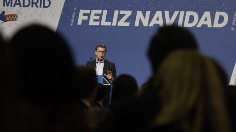 El presidente del Partido Popular, Alberto Núñez Feijóo, interviene durante la tradicional cena de Navidad del Partido Popular, a 12 de diciembre de 2022. El presidente del Partido Popular, Alberto Núñez Feijóo, interviene durante la tradicional cena de Navidad del Partido Popular, a 12 de diciembre de 2022.