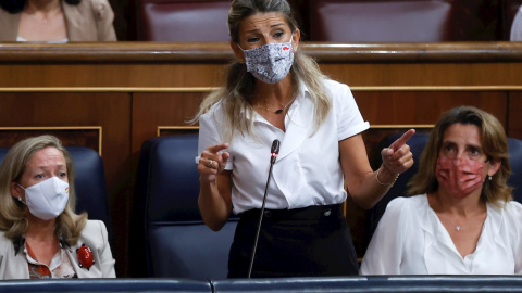 La vicepresidenta segunda y ministra de Trabajo y Economía Social, Yolanda Díaz, durante la sesión de control al Gobierno celebrada este miércoles en el Congreso. La vicepresidenta segunda y ministra de Trabajo y Economía Social, Yolanda Díaz, durante la sesión de control al Gobierno celebrada este miércoles en el Congreso.