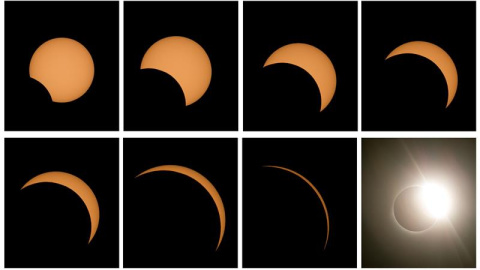 Combo de 8 fotografías que muestra las diferentes fases del eclipse solar total este martes, desde el Observatorio de La Silla, situado en la región de Coquimbo (Chile). EFE
