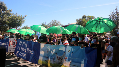 Uns manifestants durant la protesta contra l'ampliació de l'Aeroport del Prat a Barcelona.
