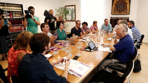 Reunión mantenida este viernes entre los representantes del PSN, Geroa Bai, Podemos e Izquierda-Ezkerra. EFE/Jesús Diges Reunión mantenida este viernes entre los representantes del PSN, Geroa Bai, Podemos e Izquierda-Ezkerra. EFE/Jesús Diges