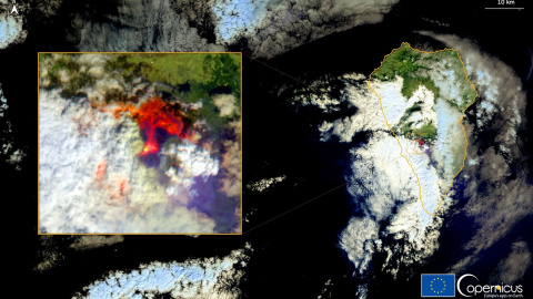 Imagen del satélite Sentinel 2. La lava de la erupción cubre 106 hectáreas, según el cálculo del programa de emergencias por satélite de la Unión Europea Copernicus. Imagen del satélite Sentinel 2. La lava de la erupción cubre 106 hectáreas, según el cálculo del programa de emergencias por satélite de la Unión Europea Copernicus.