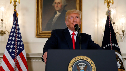 Donald Trump, presidente de Estados Unidos en la comparecencia de este lunes. / REUTERS Donald Trump, presidente de Estados Unidos en la comparecencia de este lunes. / REUTERS