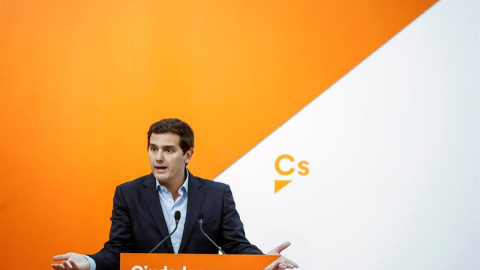 El presidente de Ciudadanos, Albert Rivera, durante la rueda de prensa posterior a la reunión del Comité Permanente del partido celebrada hoy en la sede madrileña de la formación naranja. EFE/Emilio Naranjo El presidente de Ciudadanos, Albert Rivera, durante la rueda de prensa posterior a la reunión del Comité Permanente del partido celebrada hoy en la sede madrileña de la formación naranja. EFE/Emilio Naranjo