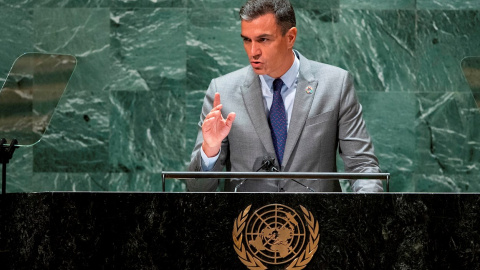 El presidente del Gobierno, Pedro Sánchez, en su intervención ante la Asamblea General de Naciones Unidas este miércoles 22 de septiembre.