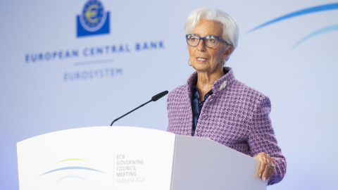 La presidenta del BCE, Christine Lagarde, en la rueda de prensa posterior a la reunión del Consejo de Gobierno de la entidad, celebrado en el Castillo de Brdo de Predoslje (Eslovenia). E.P./Bor Slana / STA / dpa La presidenta del BCE, Christine Lagarde, en la rueda de prensa posterior a la reunión del Consejo de Gobierno de la entidad, celebrado en el Castillo de Brdo de Predoslje (Eslovenia). E.P./Bor Slana / STA / dpa