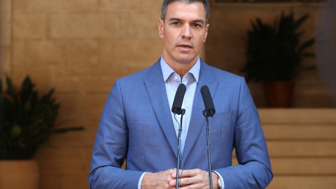 El presidente del Gobierno, Pedro Sánchez, comparece ante los medios en Palma de Mallorca (Balears), a 2 de agosto de 2022. El presidente del Gobierno, Pedro Sánchez, comparece ante los medios en Palma de Mallorca (Balears), a 2 de agosto de 2022.