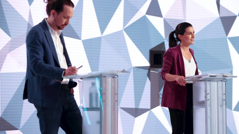 Los candidatos a la presidencia de la Comunidad de Madrid, Pablo Iglesias y Rocio Monasterio, durante el debate electoral en los estudios de Telemadrid. EFE / Juanjo Martín Los candidatos a la presidencia de la Comunidad de Madrid, Pablo Iglesias y Rocio Monasterio, durante el debate electoral en los estudios de Telemadrid. EFE / Juanjo Martín