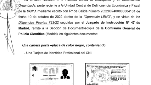 Fragmento del informe de Criminalística sobre el carné del CNI encontrado en casa de Alberto Luceño Fragmento del informe de Criminalística sobre el carné del CNI encontrado en casa de Alberto Luceño