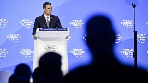 El presidente del Gobierno, Pedro Sánchez, durante su intervención este martes en el encuentro anual del Foro Mundial de Davos (Suiza). El presidente del Gobierno, Pedro Sánchez, durante su intervención este martes en el encuentro anual del Foro Mundial de Davos (Suiza).