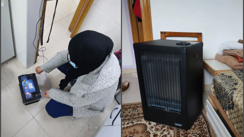 A la izquierda, Fátima conectando los cables a la batería del coche para poder encender una cinta de bombillitas que ilumina su cocina cuando la luz natural desparece. A la derecha, la estufa con la que se caliente su marido, que se recupera de una oper A la izquierda, Fátima conectando los cables a la batería del coche para poder encender una cinta de bombillitas que ilumina su cocina cuando la luz natural desparece. A la derecha, la estufa con la que se caliente su marido, que se recupera de una oper