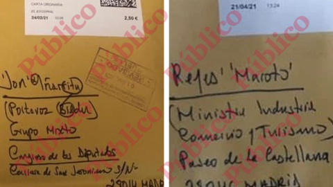 Los sobres de las cartas enviadas al diputado de Bildu Jon Iñárritu y a la ministra Reyes Maroto, escritos con la caligrafía de la misma persona. Los sobres de las cartas enviadas al diputado de Bildu Jon Iñárritu y a la ministra Reyes Maroto, escritos con la caligrafía de la misma persona.