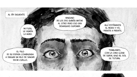 Una de les vinyetes de l'adaptació al còmic de 'Camí de Sirga', en la versió castellana. Una de les vinyetes de l'adaptació al còmic de 'Camí de Sirga', en la versió castellana.