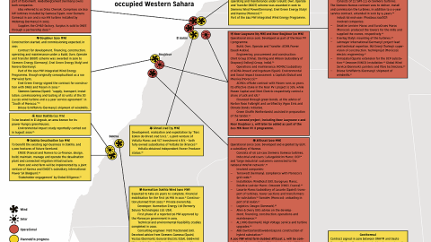 Mapa de los proyectos eólicos y solares de Marruecos en el Sáhara Occidental. En naranja, las plantas que ya están operativas. En Amarillo, las que están proyectadas para los próximos años. Mapa de los proyectos eólicos y solares de Marruecos en el Sáhara Occidental. En naranja, las plantas que ya están operativas. En Amarillo, las que están proyectadas para los próximos años.