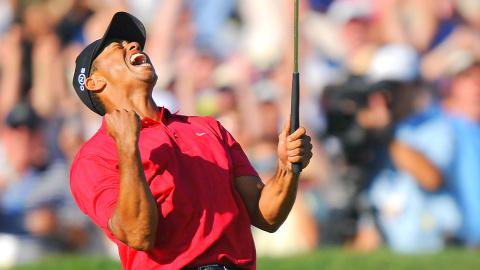 Gesto de rabia de Tiger Woods tras el triunfo en el US Open de 2008.