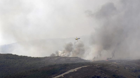 Un helicóptero durante las labores de extinción en Truchillas (León), una de las localidades de la comarca de La Cabrera (León) afectada por el incendio. | EFE Un helicóptero durante las labores de extinción en Truchillas (León), una de las localidades de la comarca de La Cabrera (León) afectada por el incendio. | EFE