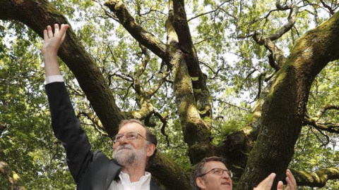 El presidente del Gobierno, Mariano Rajoy y el presidente de la Xunta, Alberto Núñez Feijóo, saludan al comienzo del acto de inicio del curso político en la Carballeira de San Xusto, en la localidad pontevedresa de Cerdedo-Cotobade. EFE/Lavandeira jr El presidente del Gobierno, Mariano Rajoy y el presidente de la Xunta, Alberto Núñez Feijóo, saludan al comienzo del acto de inicio del curso político en la Carballeira de San Xusto, en la localidad pontevedresa de Cerdedo-Cotobade. EFE/Lavandeira jr