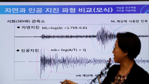 Lee Mi-Seon, directora general del Centro Meteorológico de Corea del Sur, detalla las diferencias entre un terremoto natural y otro artificial, en Seúl, tras el seísmo vivido por las pruebas nucleares de Corea del Norte. EFE/J. Heon-Kyun Lee Mi-Seon, directora general del Centro Meteorológico de Corea del Sur, detalla las diferencias entre un terremoto natural y otro artificial, en Seúl, tras el seísmo vivido por las pruebas nucleares de Corea del Norte. EFE/J. Heon-Kyun
