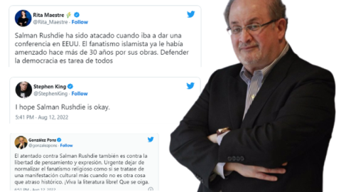 Imagen combinada de Salman Rushdie y varios tuits. - Europa Press / Twitter Imagen combinada de Salman Rushdie y varios tuits. - Europa Press / Twitter