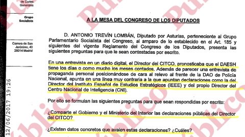 Encabezado de las preguntas del diputado Trevín sobre la afirmación de Olivera de que el Daesh iba a desaparecer pronto. Encabezado de las preguntas del diputado Trevín sobre la afirmación de Olivera de que el Daesh iba a desaparecer pronto.