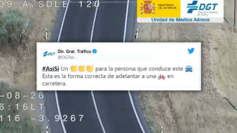 Imagen combinada de un tuit de la DGT y un coche adelantando a un ciclista. - Twitter Imagen combinada de un tuit de la DGT y un coche adelantando a un ciclista. - Twitter