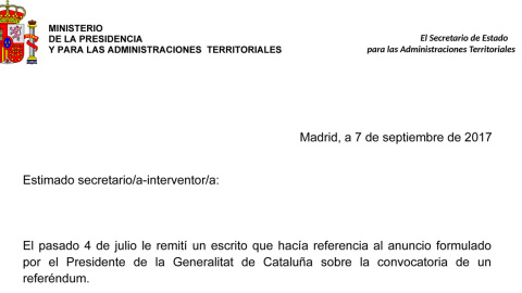 Encabezado de la carta del Ministerio de la Presidencia a los ayuntamientos catalanes. Encabezado de la carta del Ministerio de la Presidencia a los ayuntamientos catalanes.