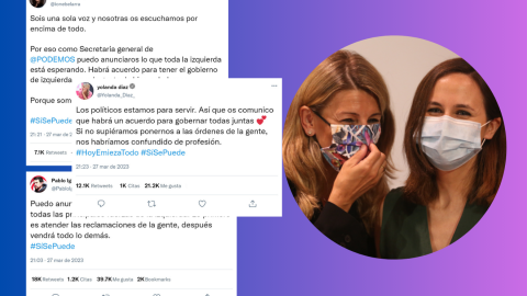 Ilustración de varios tuits y una imagen de Yolanda Díaz e Ione Belarra. — Cézaro De Luca/Europa Press/Tremending Ilustración de varios tuits y una imagen de Yolanda Díaz e Ione Belarra. — Cézaro De Luca/Europa Press/Tremending